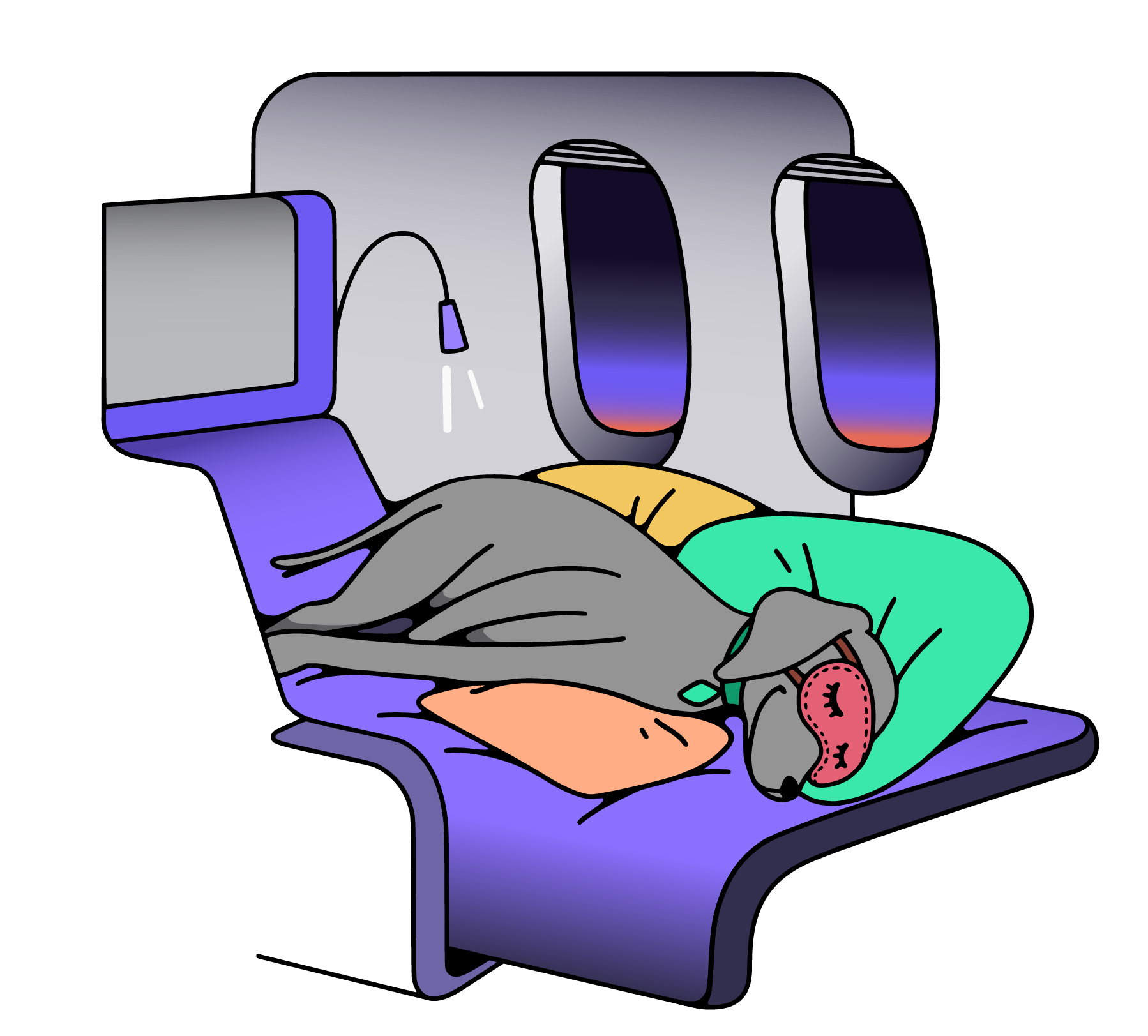 Cartoon pointer dog sleeping on a business-class lie-flat seat